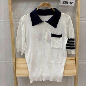 White Navy Collar Stripe Knit Polo Preppy Cute Top